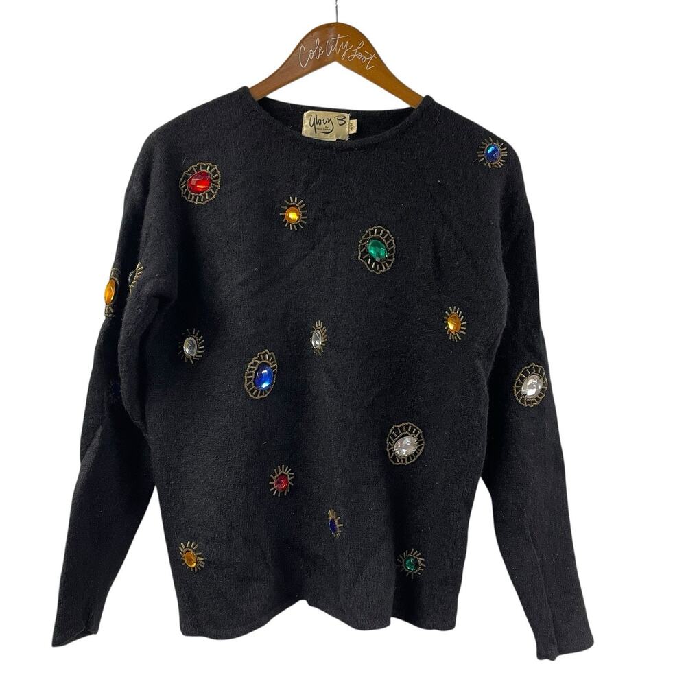 Not So Ugly Christmas Sweater Black Gems Beaded Angora Blend Pullover Vintage
